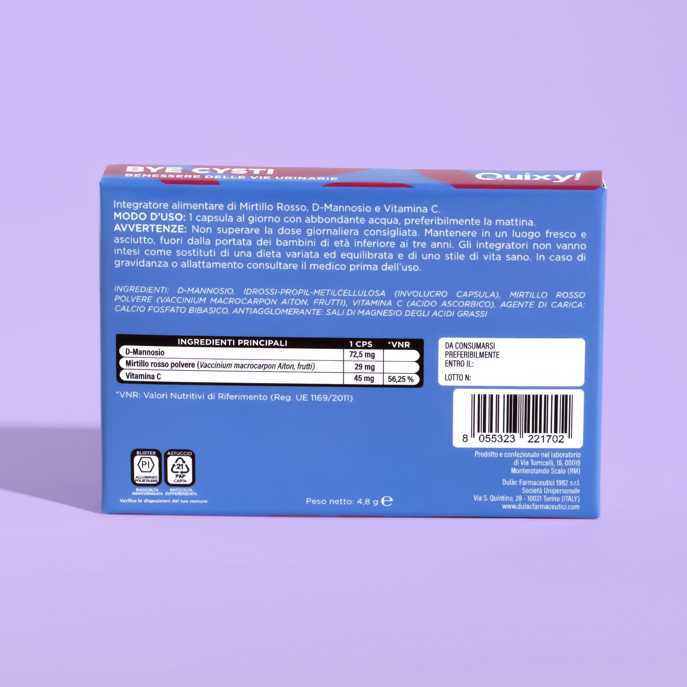 retro pack e tabella nutrizionale QUIXY bye cisti integratore vie urinarie femminili