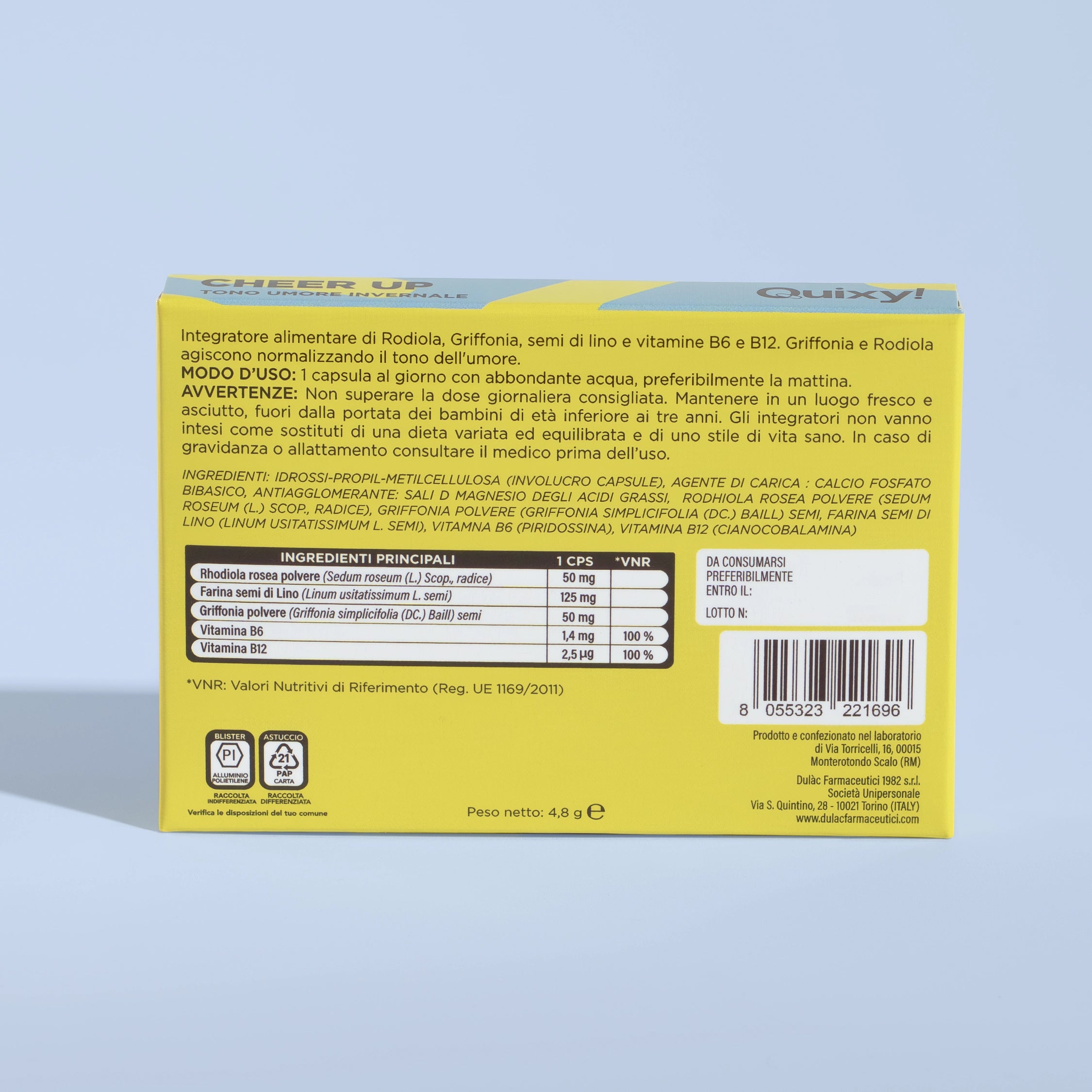 retro pack e tabella nutrizionale QUIXY cheer up integratore tono dell'umore invernale