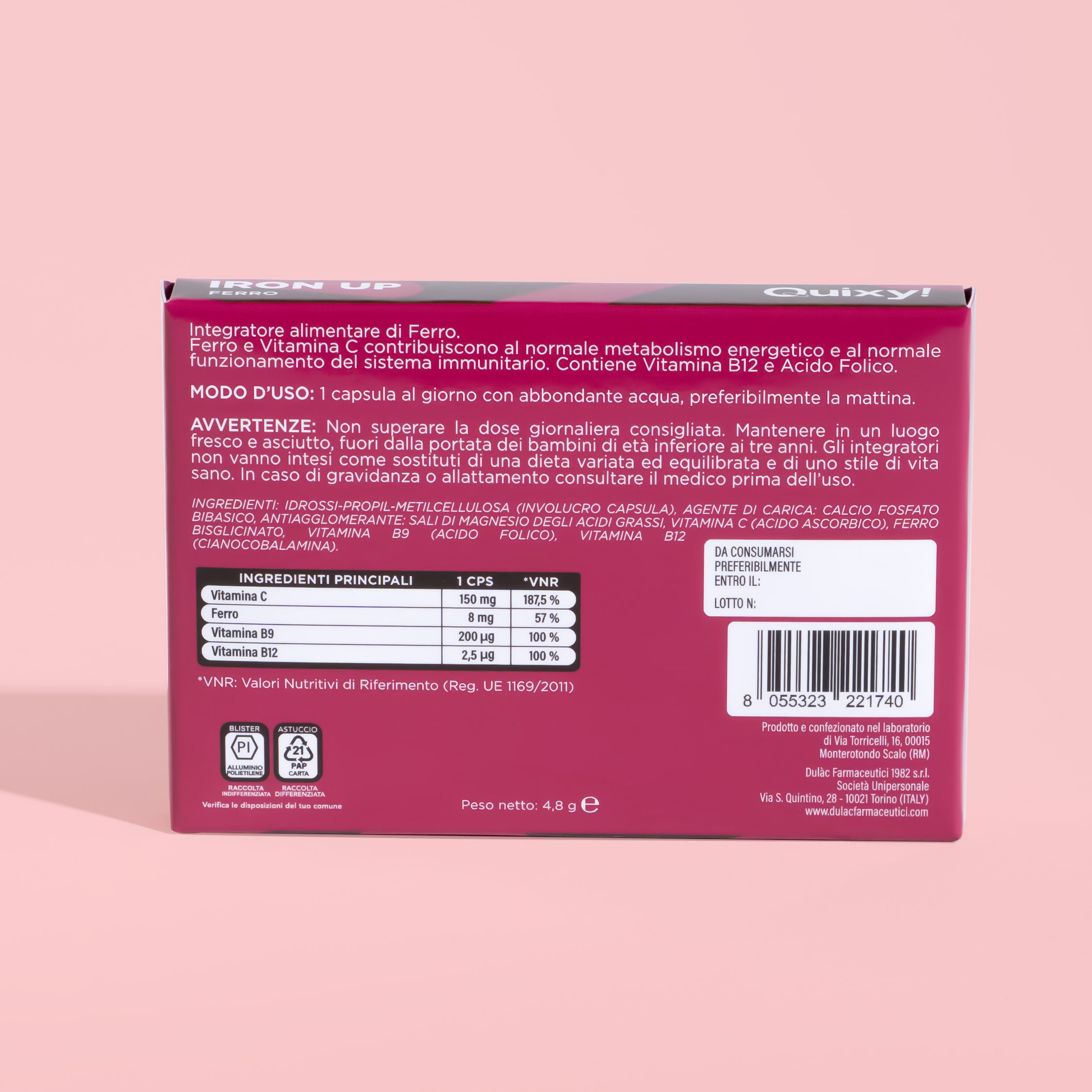 retro pack e tabella nutrizionale QUIXY fuel up integratore multivitaminico