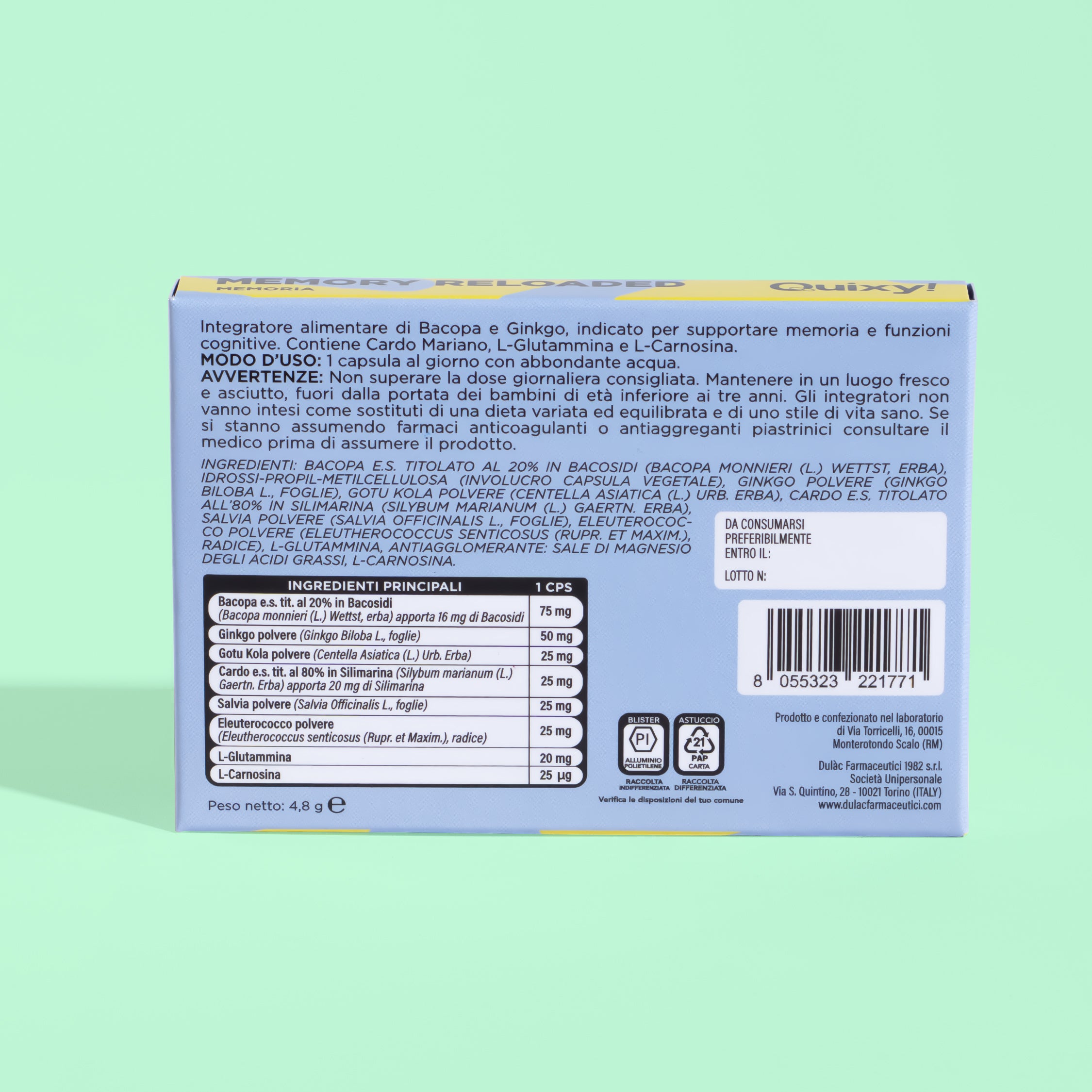retro pack e tabella nutrizionale QUIXY memory reloaded integratore memoria e concentrazione
