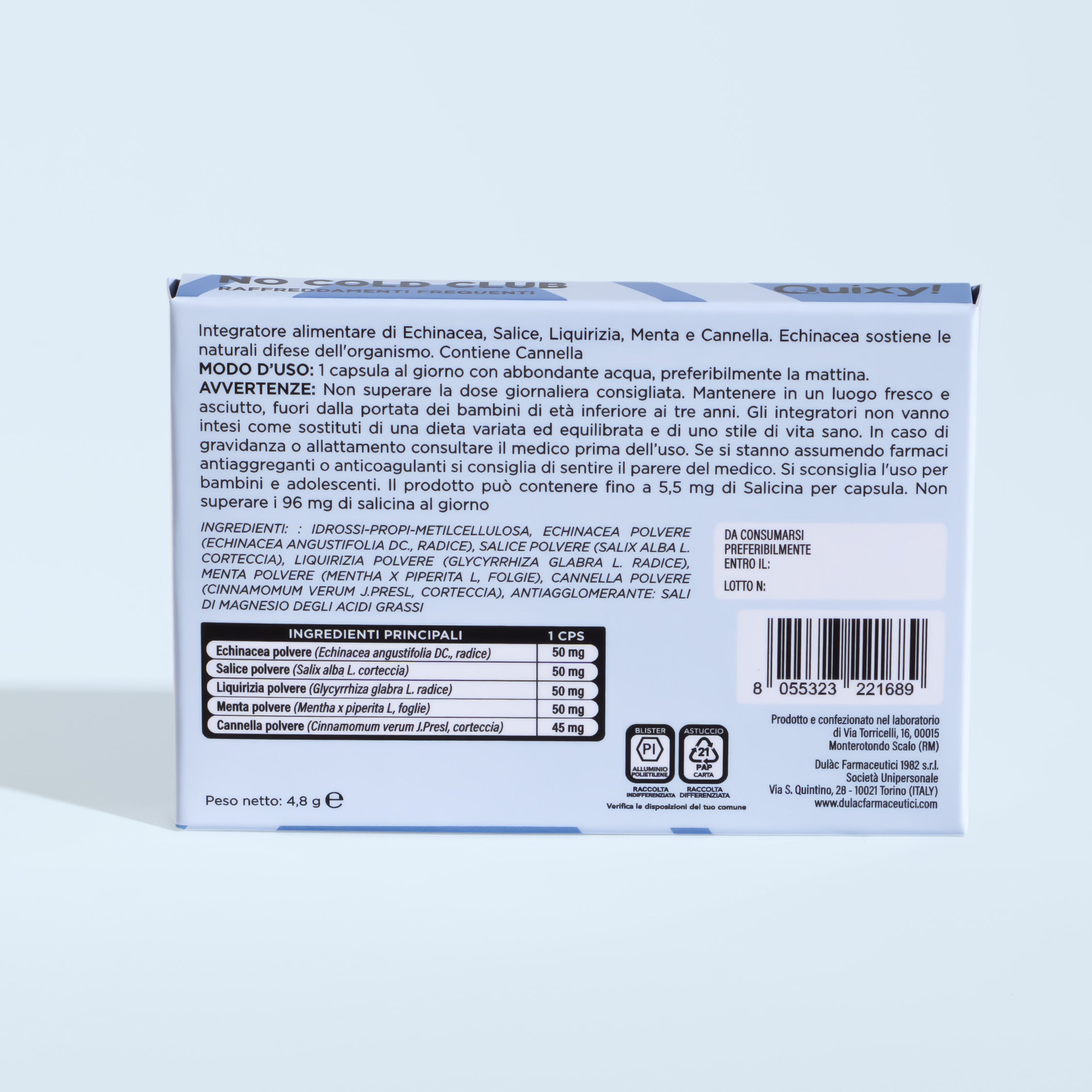 retro pack e tabella nutrizionale QUIXY no cold club integratore multivitaminico