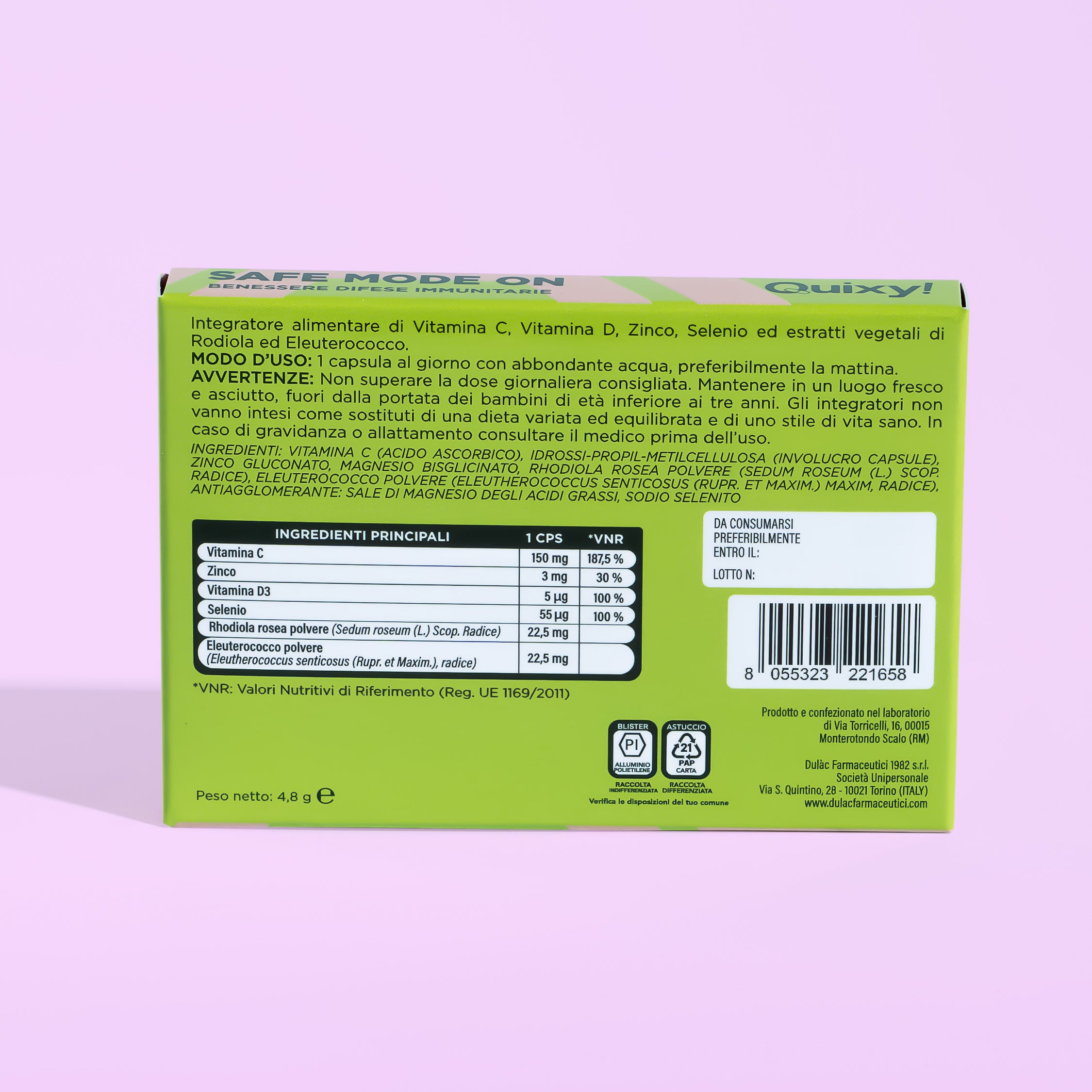 retro pack e tabella nutrizionale QUIXY safe mode on integratore difese immunitarie
