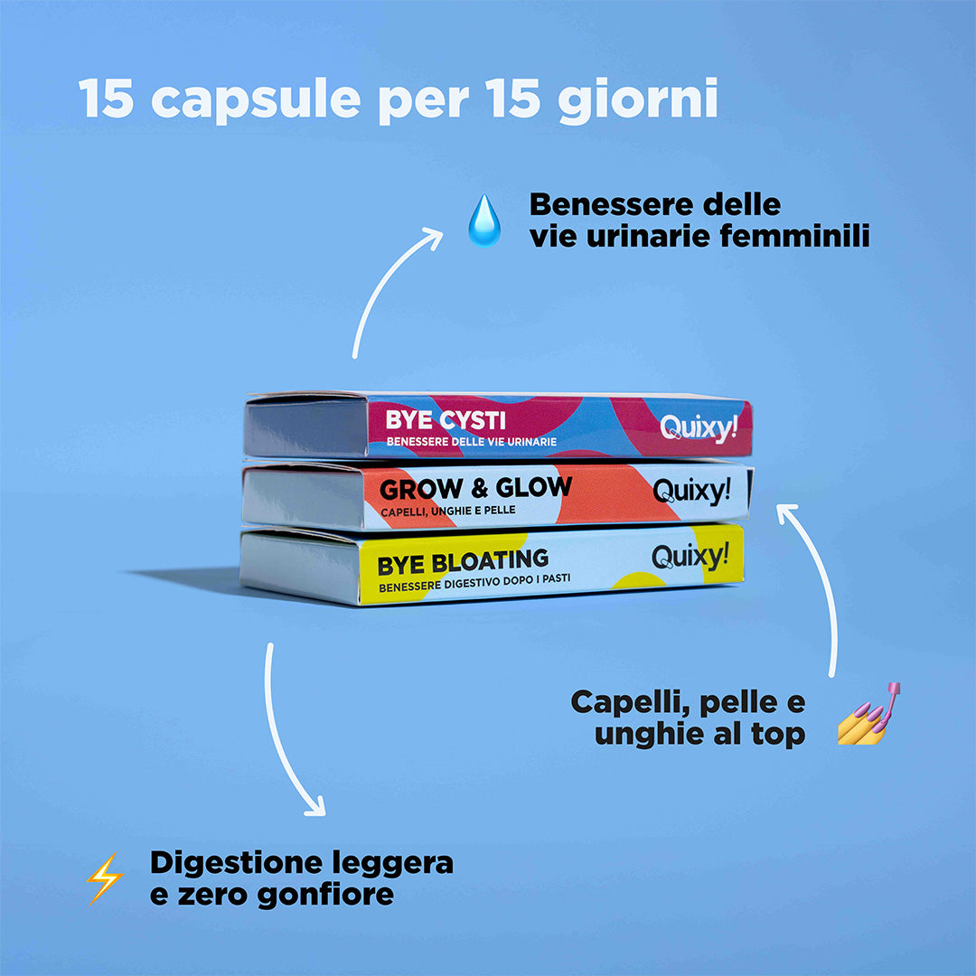 benefici del kit quixy girl power integratori per donna, per digestione leggera, pancia gonfia, capelli, pelle, unghie e vie urinarie cistite