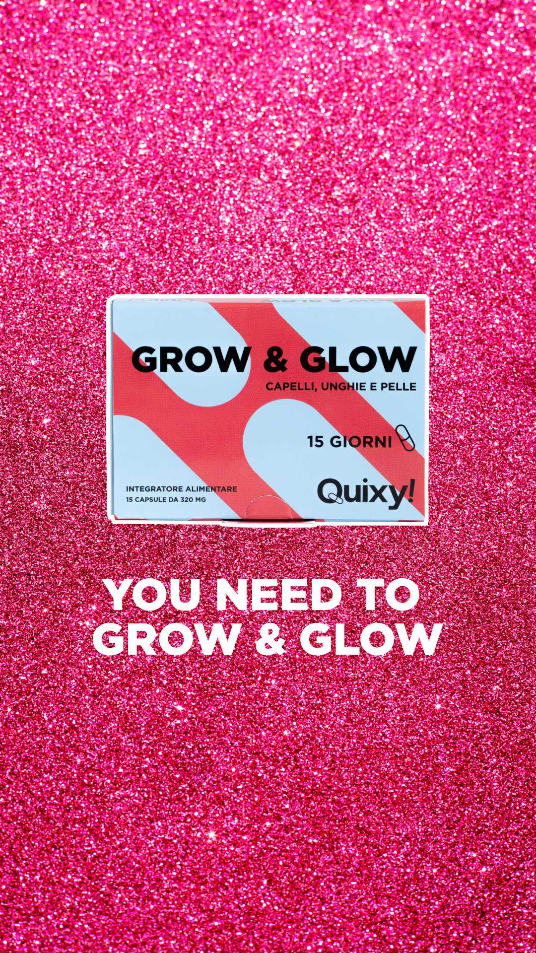 quixy you need to grow and glow integratore per capelli unghie e pelle con sfondo glitterato