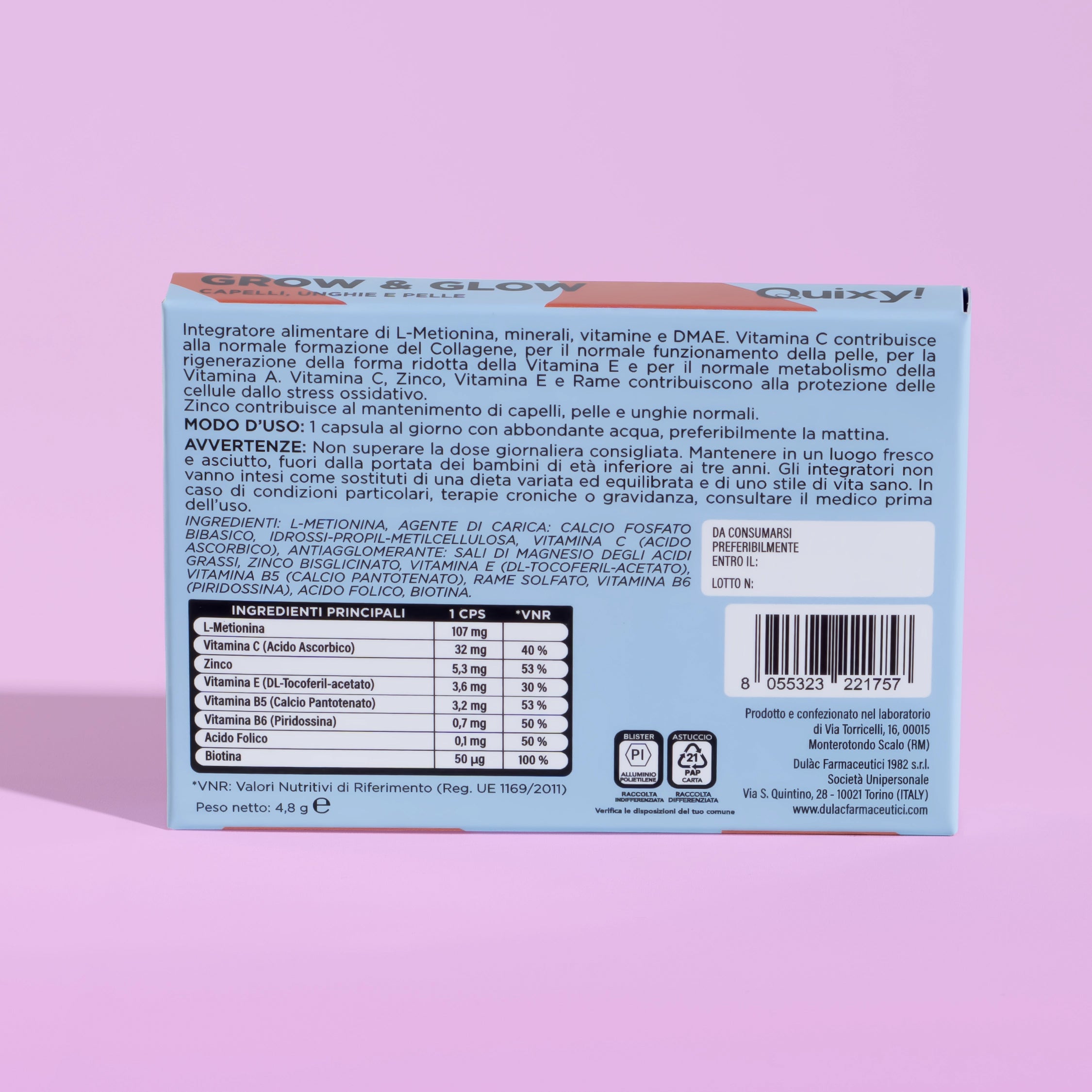 retro pack e tabella nutrizionale QUIXY grow and glow integratore multivitaminico