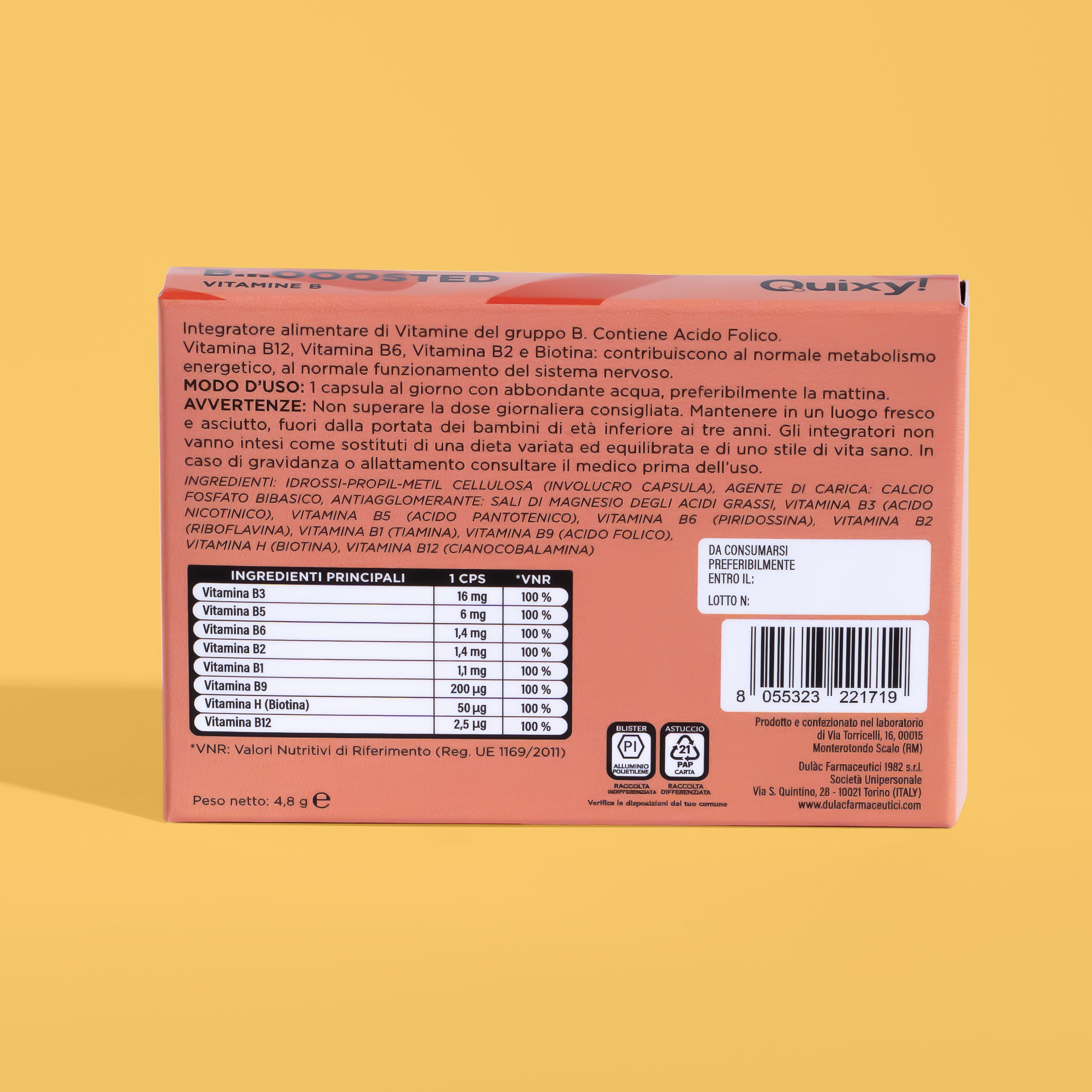 retro pack e tabella nutrizionale QUIXY boosted integratore vitamine B