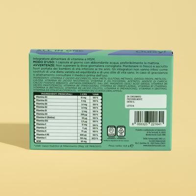 retro pack e tabella nutrizionale QUIXY all in one integratore multivitaminico 