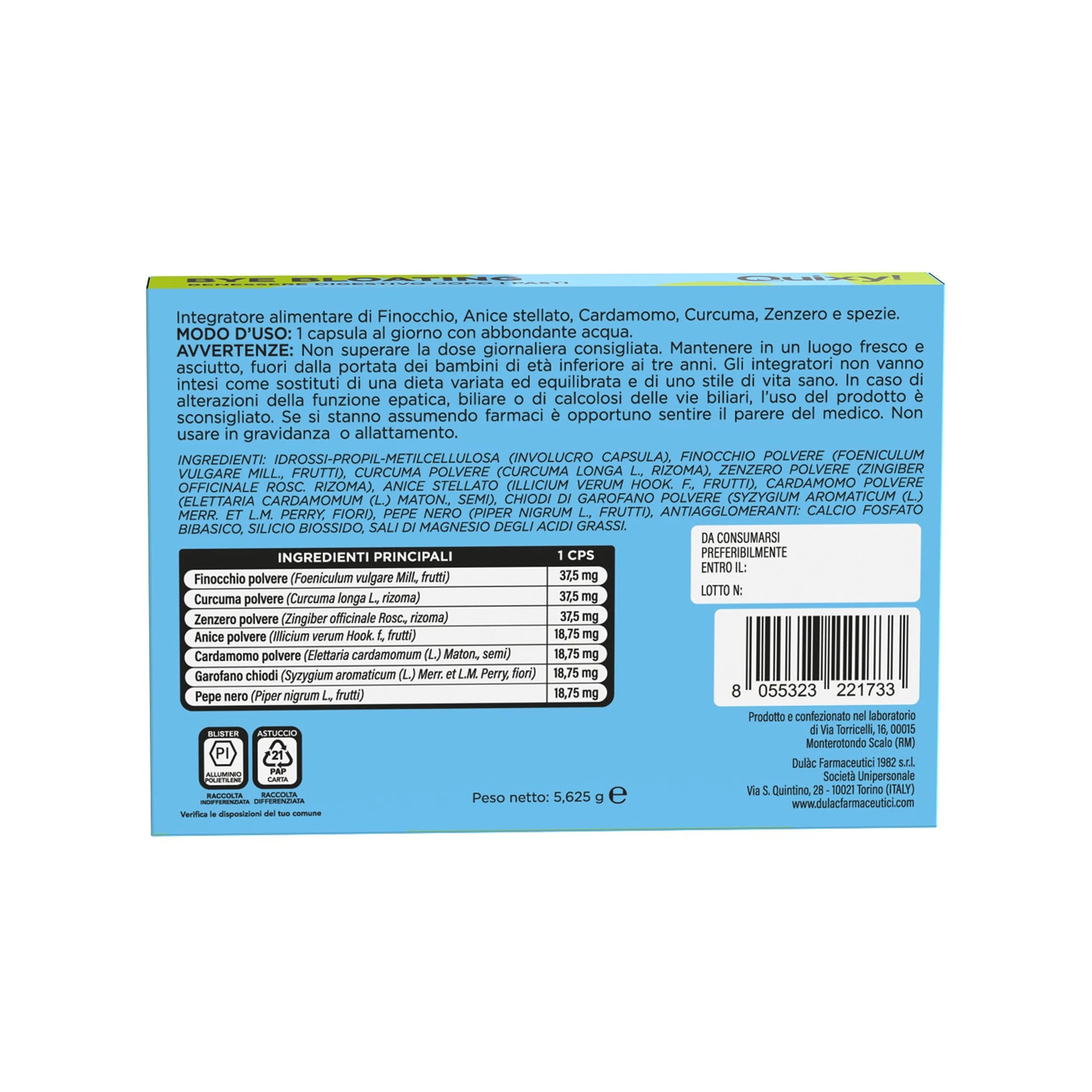 QUIXY BYE BLOATING TABELLA NUTRIZIONALE