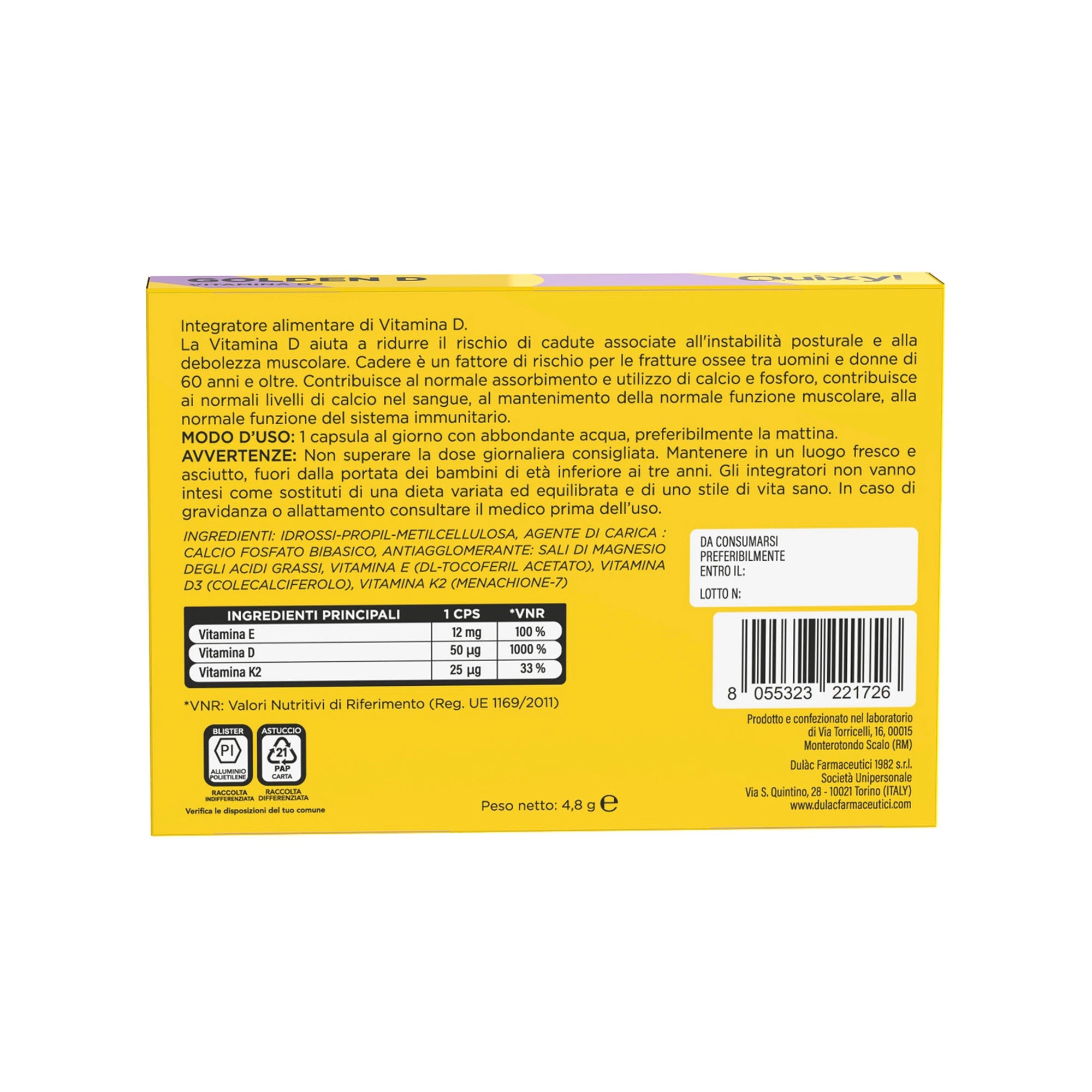 QUIXY GOLDEN D TABELLA NUTRIZIONALE