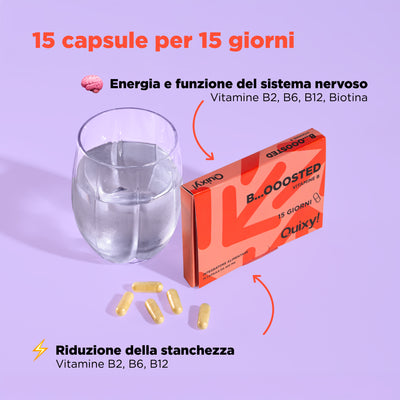 foto integratore quixy boosted con bicchiere e descrizione benefici: energia e funzione del sistema nervoso, riduzione della stanchezza