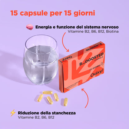 foto integratore quixy boosted con bicchiere e descrizione benefici: energia e funzione del sistema nervoso, riduzione della stanchezza