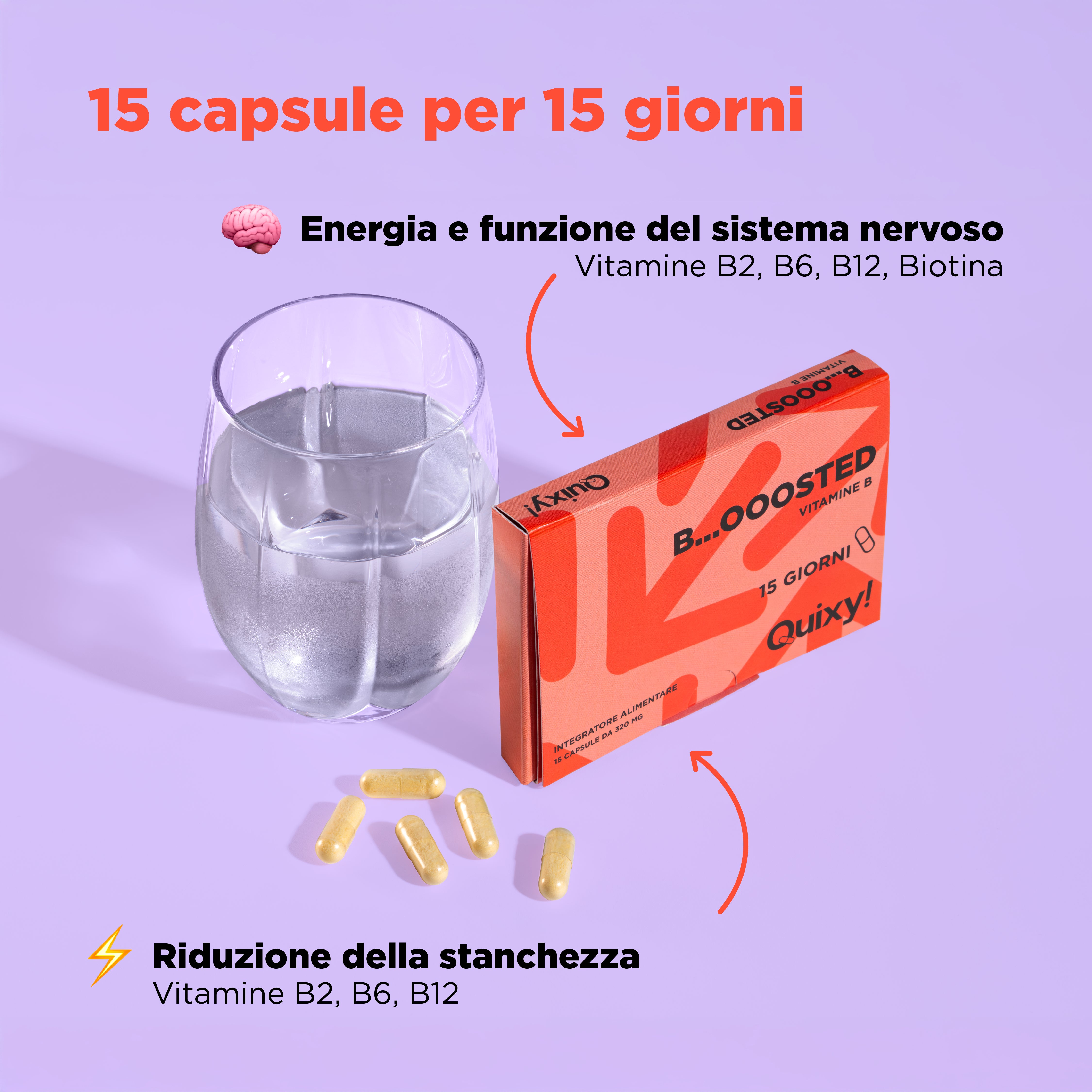 foto integratore quixy boosted con bicchiere e descrizione benefici: energia e funzione del sistema nervoso, riduzione della stanchezza
