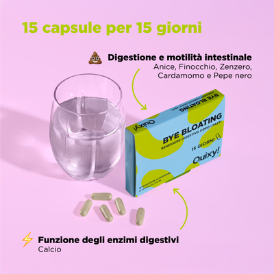 foto integratore quixy bye bloating con bicchiere e descrizione benefici: digestione e motilità intestinale, funzione degli enzimi digestivi