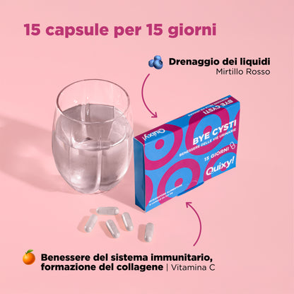 foto integratore quixy bye cisti con bicchiere e descrizione benefici: benessere del sistema immunitario, formazione del collagene, drenaggio dei liquidi