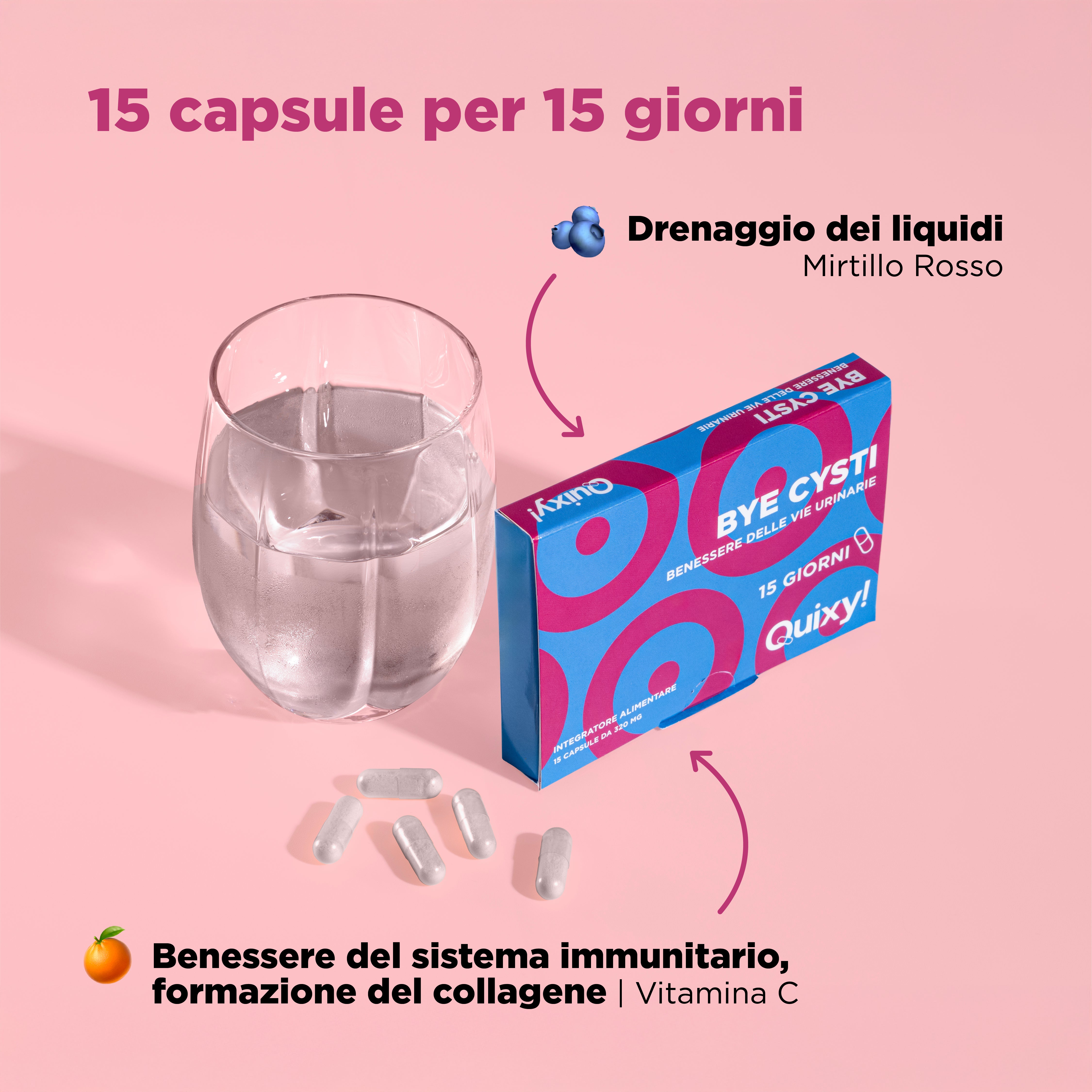 foto integratore quixy bye cisti con bicchiere e descrizione benefici: benessere del sistema immunitario, formazione del collagene, drenaggio dei liquidi