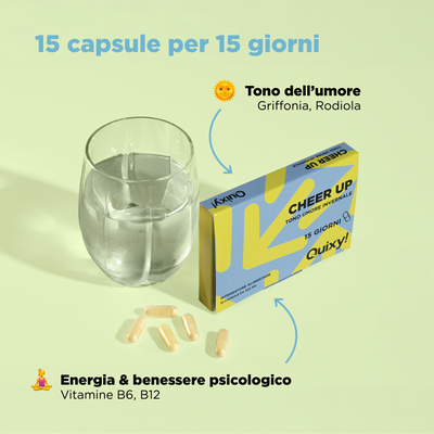 foto integratore quixy CHEER UP con bicchiere e descrizione benefici: tono dell'umore, energia e benessere psicologico
