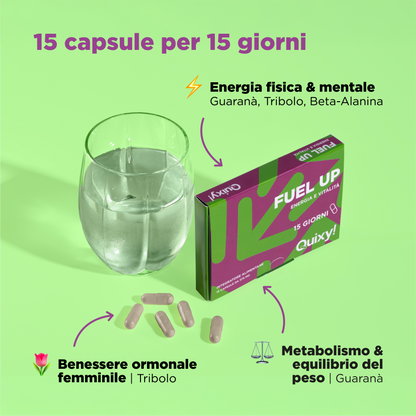 foto integratore quixy fuel up con bicchiere e descrizione benefici: energia fisica e mentale, benessere ormonale femminile, metabolismo ed equilibrio del peso