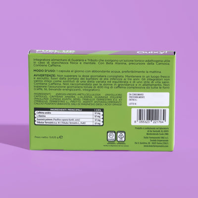 retro pack e tabella nutrizionale QUIXY fuel up integratore energia e vitalità
