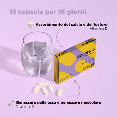 foto integratore quixy golden d con bicchiere e descrizione benefici: assorbimento calcio e fosforo, benessere delle ossa e benessere muscolare