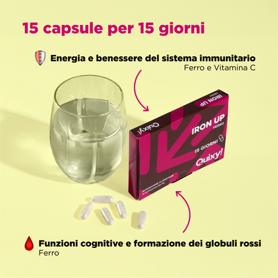 foto integratore quixy fuel up con bicchiere e descrizione benefici: energia e benessere del sistema immunitario, funzioni cognitive e formazione dei globuli rossi