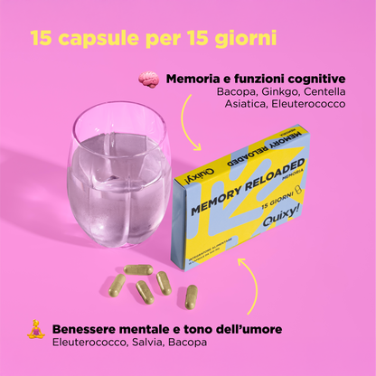 foto integratore quixy MEMORY RELOADED con bicchiere e descrizione benefici: memoria e funzioni cognitive, benessere mentale e tono dell'umore