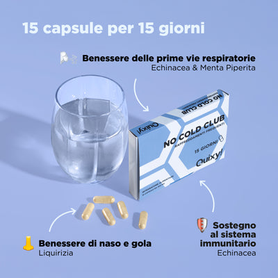 foto integratore quixy NO COLD CLUB con bicchiere e descrizione benefici: benessere prime vie respiratorie, benessere di naso e gola, sostegno al sistema immunitario