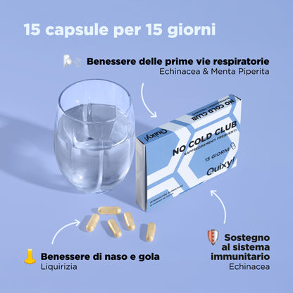 foto integratore quixy NO COLD CLUB con bicchiere e descrizione benefici: benessere prime vie respiratorie, benessere di naso e gola, sostegno al sistema immunitario