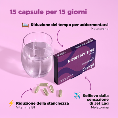 foto integratore quixy RESET MY TIME con bicchiere e descrizione benefici: riduzione del tempo per addormentarsi, riduzione della stanchezza