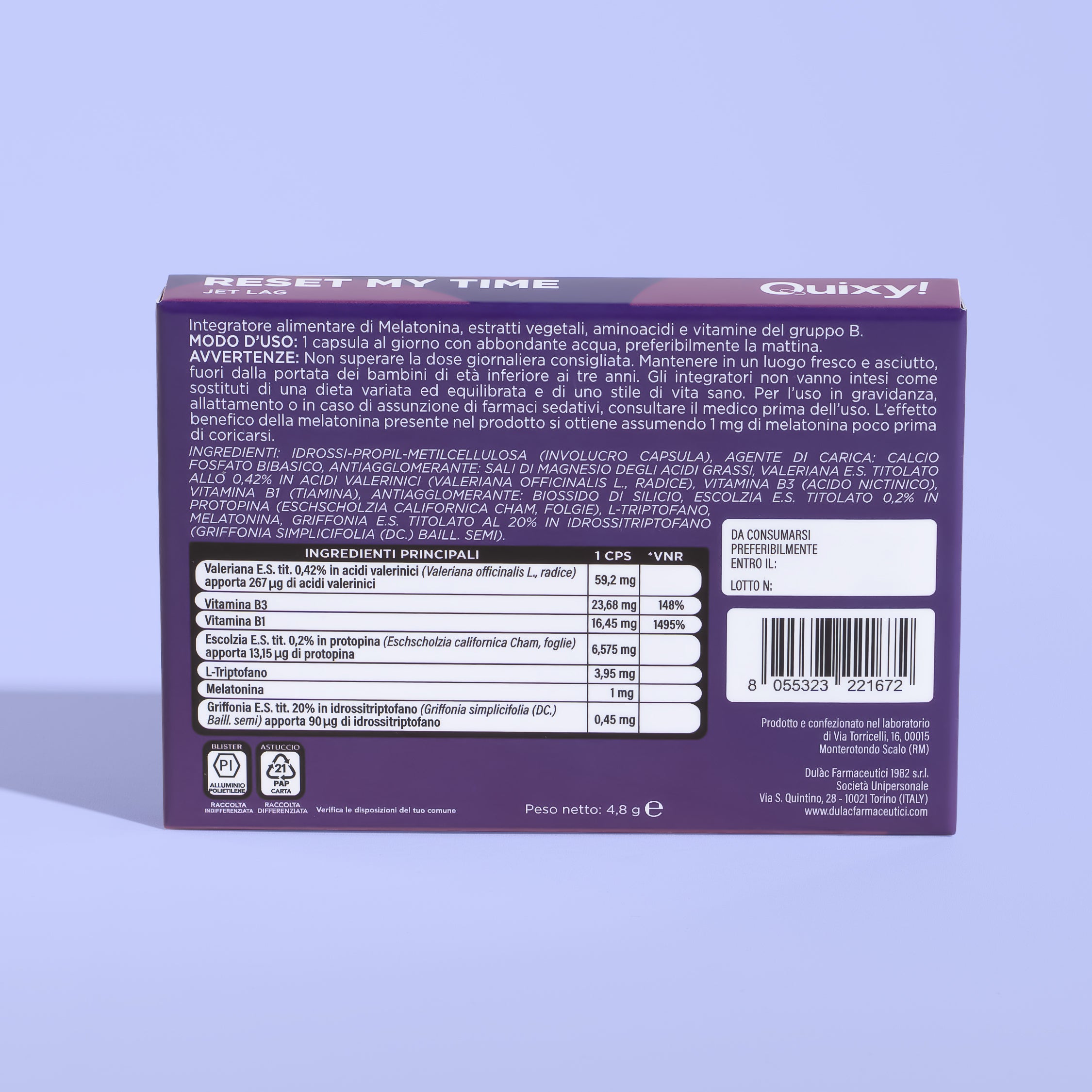 retro pack e tabella nutrizionale QUIXY reset my time integratore melatonina per jet lag