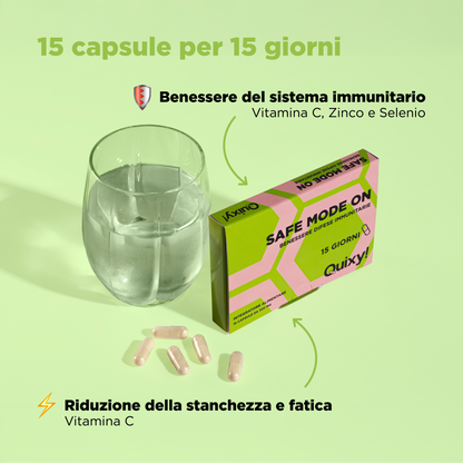 foto integratore quixy safe mode on con bicchiere e descrizione benefici: benessere del sistema immuntario, riduzione della stanchezza e fatica