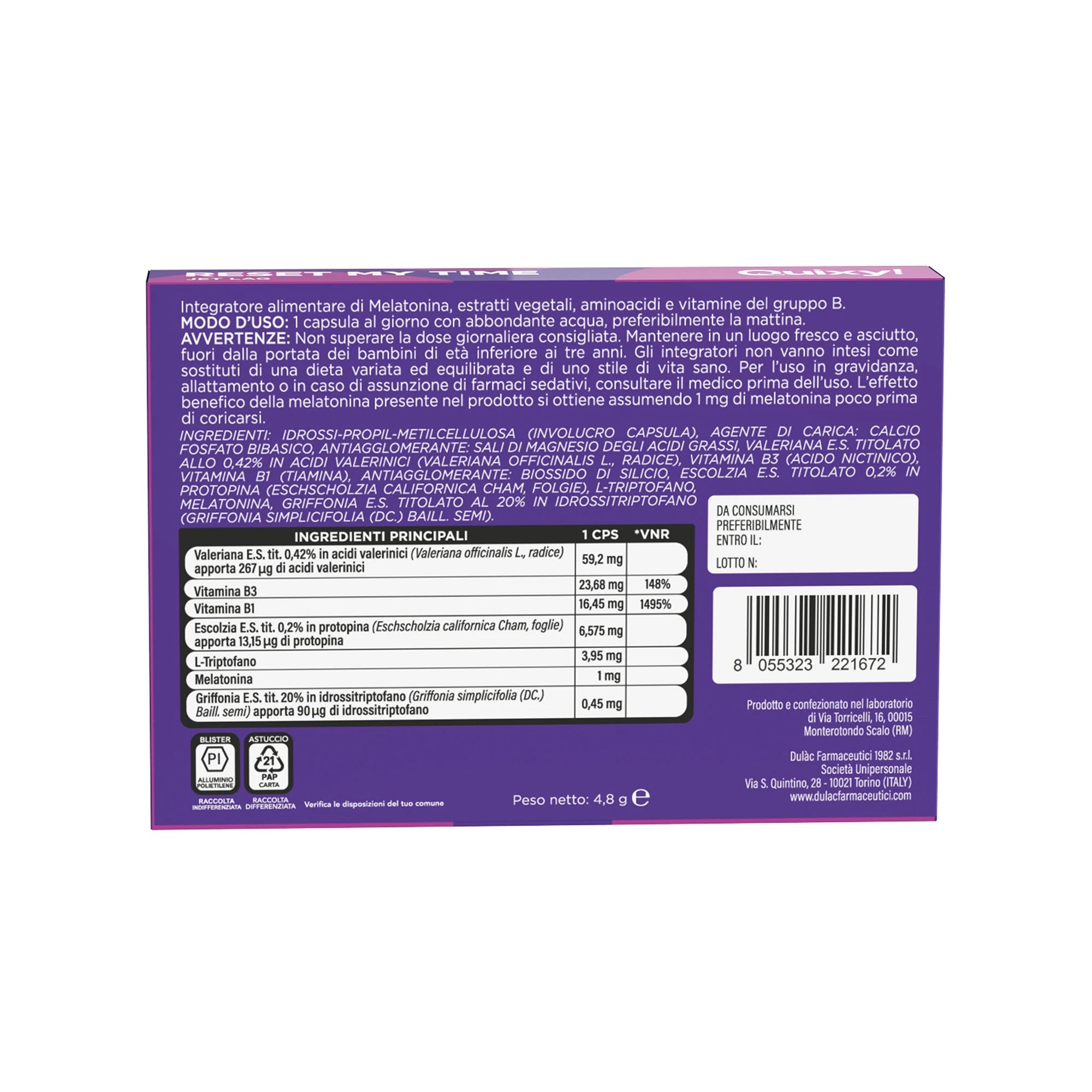 QUIXY RESET MY TIME TABELLA NUTRIZIONALE