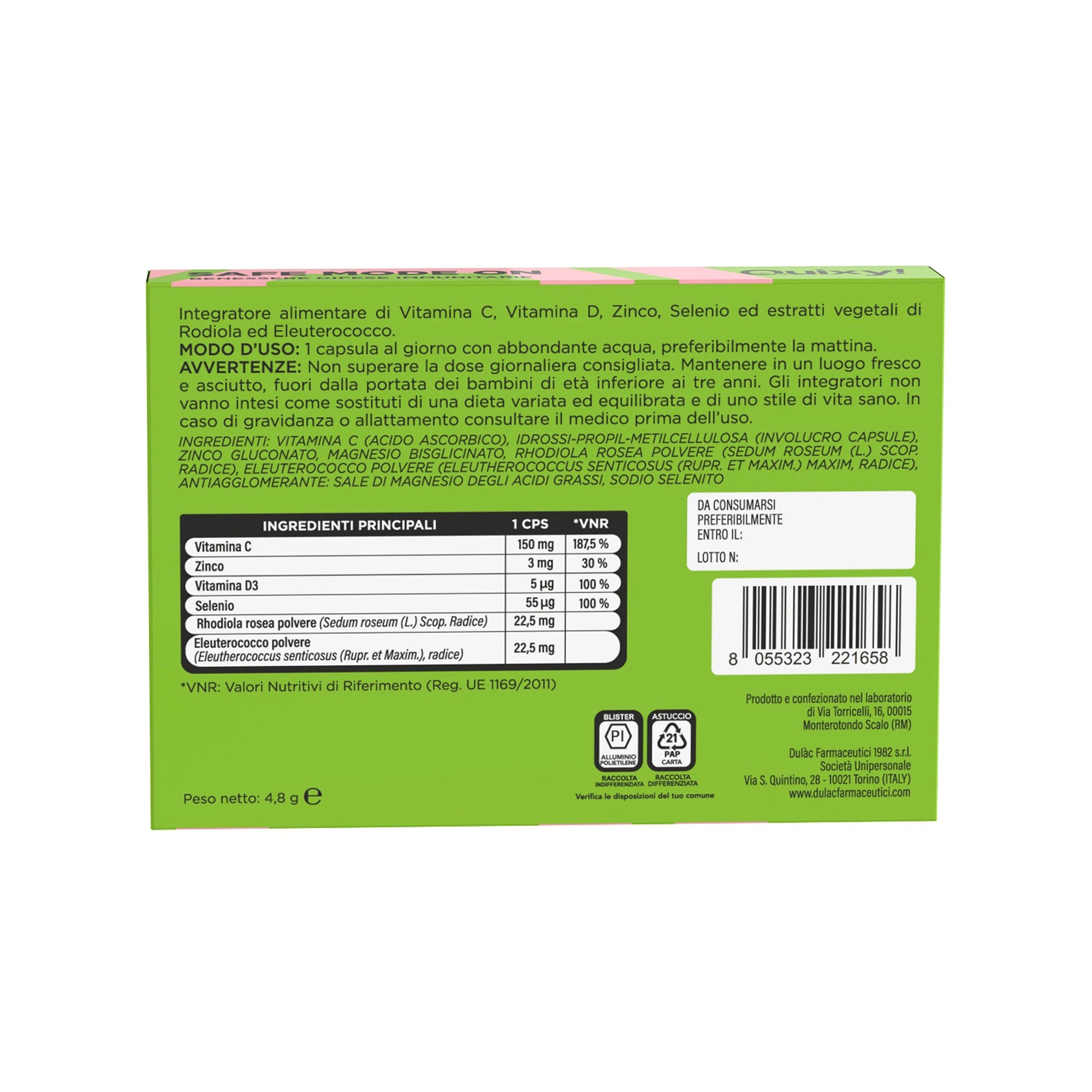 QUIXY SAFE MODE ON TABELLA NUTRIZIONALE