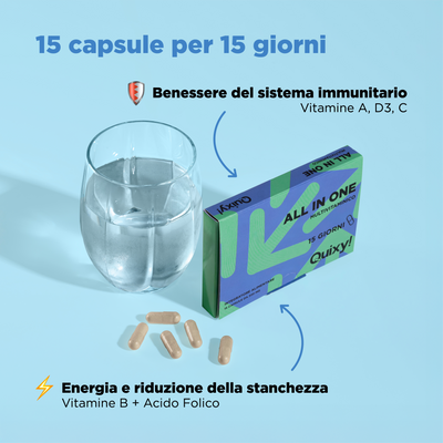 foto integratore quixy all in one con bicchiere e descrizione benefici: benessere del sistema immunitario, energia e riduzione stanchezza