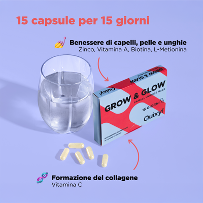 foto integratore quixy grow and glow con bicchiere e descrizione benefici: benessere di capelli, pelle e unghie e formazione del collagene