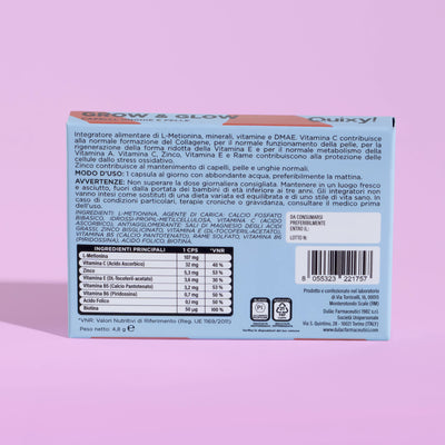 retro pack e tabella nutrizionale QUIXY grow and glow integratore multivitaminico 