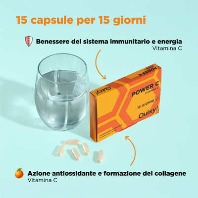 foto integratore quixy power c con bicchiere e descrizione benefici: benessere del sistema immuntario, azione antiossidante e formazione del collagene