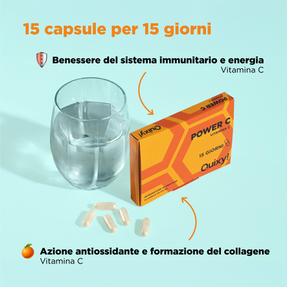 foto integratore quixy power c con bicchiere e descrizione benefici: benessere del sistema immuntario, azione antiossidante e formazione del collagene
